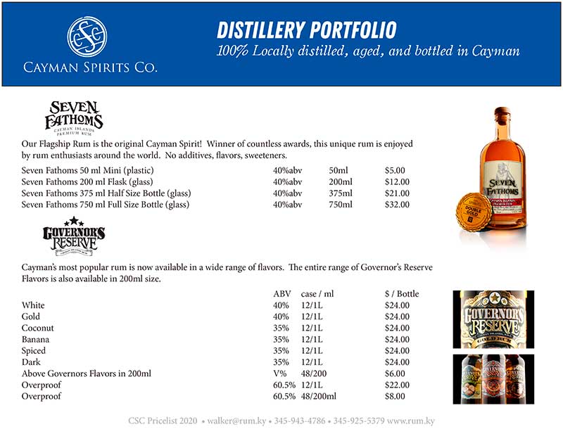 Cayman Spirits price list page 1